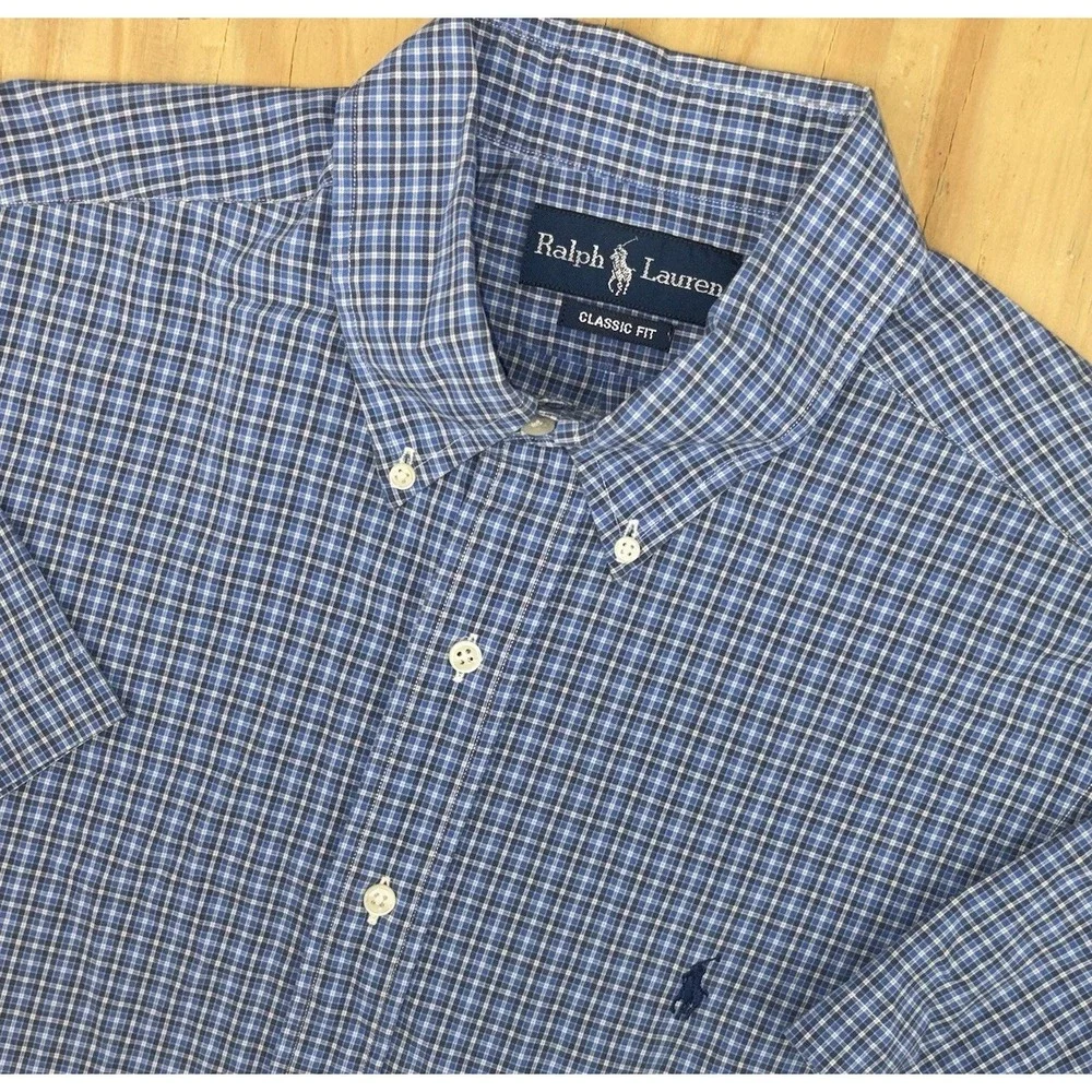 Polo Ralph Lauren Large Short Sleeve Blue Plaid Button‎ Down Classic Fit